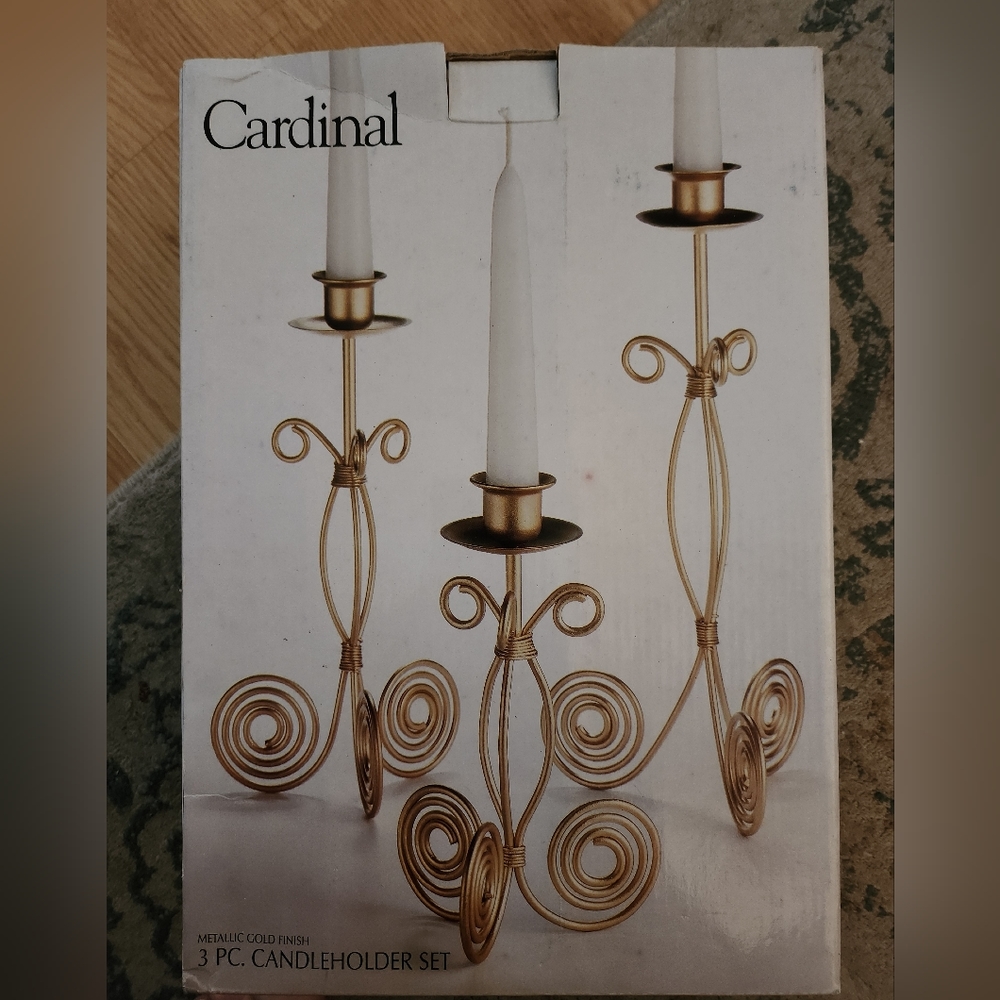 Cardinal brand 3 piece candleholders, new in box 11, 9 and 7 inches in height